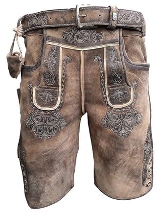 Enjoy Trachten Alpenlife Kurze Herren Lederhose mit Gürtel, Braun, Speckig Walnussantik, Wildbockleder, Krone, Gr. 44-62 (DE/NL/SE/PL, Numerisch, 58, Regular, Regular, Hellbraun)