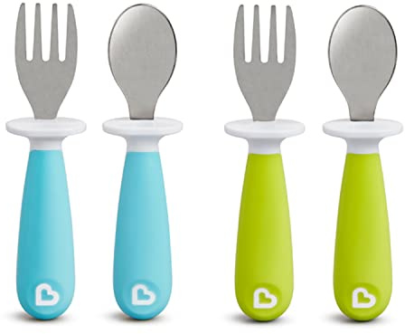 Munchkin® Raise™ Toddler Fork and Spoon Utensil Set, Rest Keeps Tip Off Table, BPA Free, 4 Pack, Blue/Green