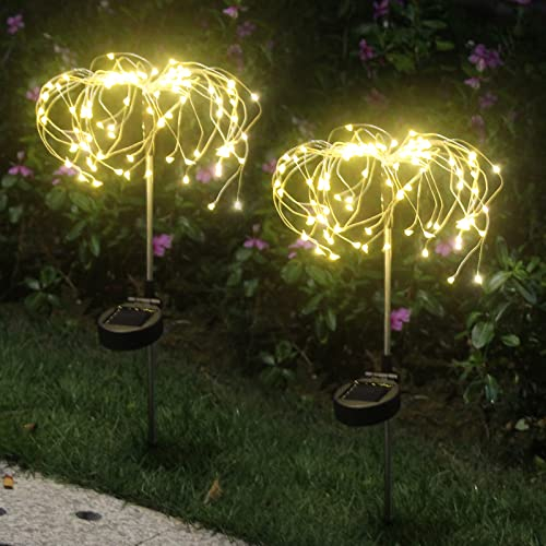 Luces de Jardín Solar, 105 LED Exterior Solares Fuegos Artificiales Luces, DIY Paisaje Decoración Luces Lmpermeable para jardín, césped, Patio(Blanco Cálido, 2 pack)