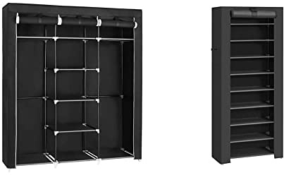 SONGMICS Kleiderschrank, Faltschrank, 175 x 150 x 45 cm, schwarz RYG12B & Schuhregal mit 10 Ebenen Schuhschrank Schuhständer 160 x 58 x 28 cm für ca. 27 Paar Schuhe, schwarz RXJ10H