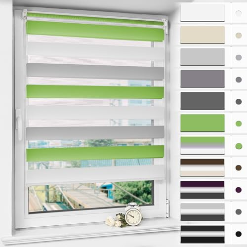 Magiea Doppelrollo Klemmfix ohne Bohren & mit Bohren, Grün-Grau-Weiß 65x130cm (BxH) Duo Rollo, Klemmrollo lichtdurchlässig und Blickdicht, Fensterrollo Sonnenschutzrollo für Fenster & Tür
