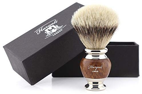 Haryali London Pennello da barba da uomo con setole in setole di tasso argentate, manico in legno e metallo, per barba e baffi, rasatura perfetta
