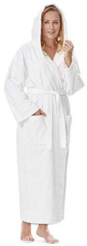 Arus Womens Classic Long Hooded Full Length Robe Turkish Cotton Ankle Length Bathrobe White, Small-Medium