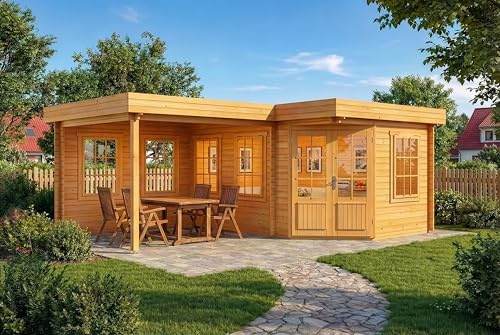 Alpholz 5-Eck Gartenhaus Pepe 618x462cm Imprägniert Pinie mit 28mm Wandst. | aus Holz (Nordische Fichte|Kiefer), Blockbohlenbauweise, Flachdach