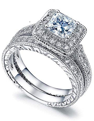 Square Cubic Zirconia Bridal Set Princess Cut CZ Jewelry Engagement Wedding Rings Set (Sliver 7)