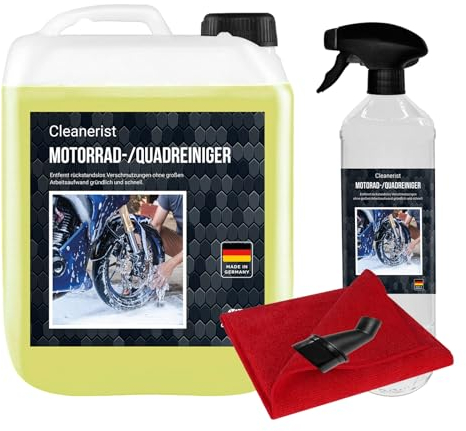 La bolla di sapone concentrato da 5 litri per moto/quad, con flacone spray e panno in microfibra e rubinetto di scarico, per motocross.