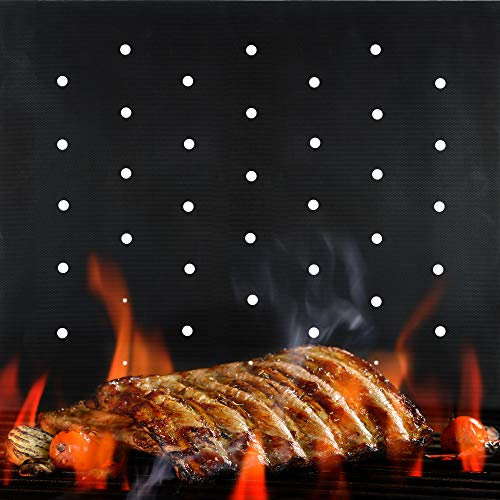 Decopom BBQ Grill Mat Non Stick - 2021 New With Holes - Set of 2 Heavy Duty Reusable and Dishwasher Safe Black Mesh Fireproof Teflon Topper Pads - Easy Clean and Use on Gas Charcoal Electric Grills