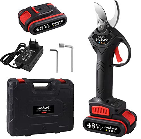Siebwin 48VF Secateur Electrique Professionnel, Sécateur Électrique sans Fil pour Branches d'arbres à Fruits, 2 Batteries, 5 à 7 Heures de Travail, Jardins Parcs Fermes Serres