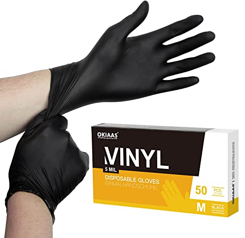 OKIAAS Black Gloves M|Latex-Free Vinyl Gloves for Household, Food Handling, Lab Work and More|Medium, 50 Counts/Box
