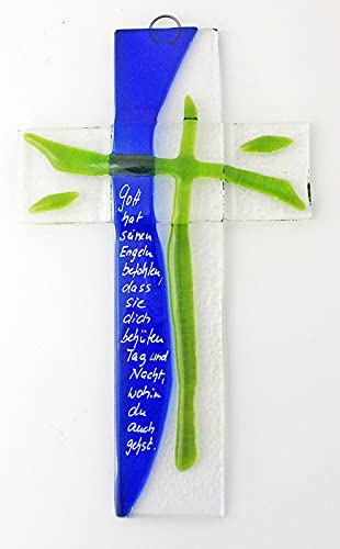 Glaskreuz blau/grün mit Text Gott hat… ca. 20x12cm