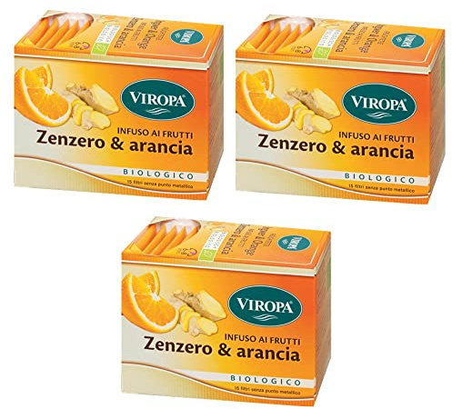 3x Viropa - Infuso ai Frutti Zenzero e Arancia - 15 filtri - Confezione da 3 x 15 filtri - Sapone speziato e fruttato - Tisane ed infusi in filtro + in OMAGGIO 2 Tisane Funzionali Viropa