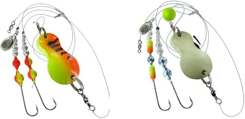blntackle76 Set 2 Stück Buttlöffel von Jenzi,Plattfisch Blinker montiert 80 Gramm Light Green Glitter 100 Gramm grün/rot/Tiger und + gratis Petri Heil! Aufkleber