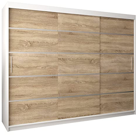 MEBLE KRYSPOL Schwebetürenschrank Verona 1 250 cm Kleiderschrank mit Kleiderstange und Einlegeboden Schlafzimmer- Wohnzimmerschrank Schiebetüren Modern Design (Schubladen: 0, Weiß + Sonoma)