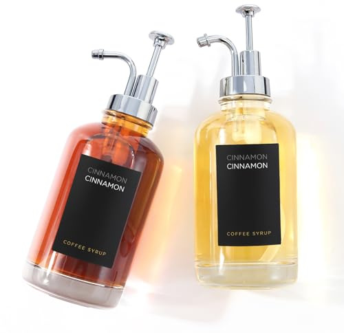 Joyfulmap Lot de 2 distributeurs sirop à café avec 18 étiquettes, distributeur pompe café, bouteille minimaliste en verre, bouteilles simples d'érable/café étiquettes noires, 500 ml