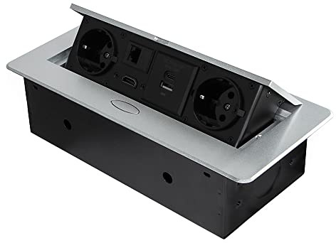 Emuca - ausziehbare und in den Tisch einlassbare Vielfachsteckerleiste, Mehrfachstecker (EU-Stecker Typ F, USB A+C, RJ45 und HDMI), 265x120 mm, Grau metallic