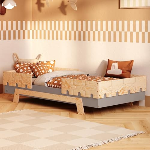 smartwood Kinderbett 90x190 6in1 - Montessori Bett aus Naturholz in Grau mit Rausfallschutz & Lattenrost bis 230 kg - Kinderbett ab 2 Jahre für Kinder - FSC-Zertifiziert - Puzzle BR2