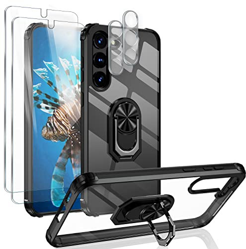 NALIA Set [5-in-1] kompatibel mit Samsung Galaxy S23 Hülle, [1x Klare Ringhülle & 2X Displayschutz & 2X Kameraschutz] Transparent Anti-Gelb Robust, 360° Ring, Harte Rückseite & Silikon-Rahmen Schwarz