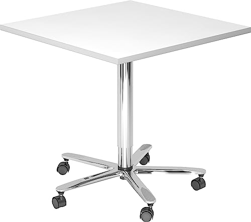 bümö Säulenhubtisch höhenverstellbar, Stehtisch Büro, Bistrotisch eckig 80 x 80 cm - Besprechungstisch weiß, Stehtisch Holz-Platte, Säule aus Metall verchromt, Säulentisch, Hochtisch