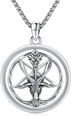 Midir&Etain Collar de pentagrama de cabeza de cabra satánico con colgante de plata de ley 925 Baphomet para hombres y mujeres, collar gótico giratorio, joyas satánicas, regalos