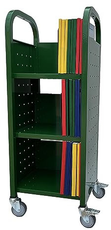 Workington Single Bank Buchwagen mit 3 flachen Ablagen, Bibliothekswagen mit drehbaren arretierbaren Rollen, 3000 grün