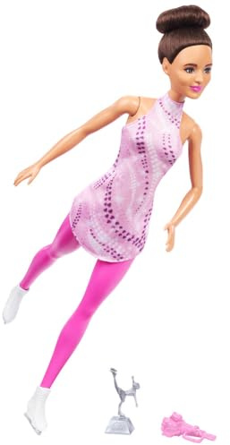 Barbie Careers Fashion Doll & Accessories, Brunette Ice Skater in Removable Pink Outfit with Ice Skates & Trophy, HRG37