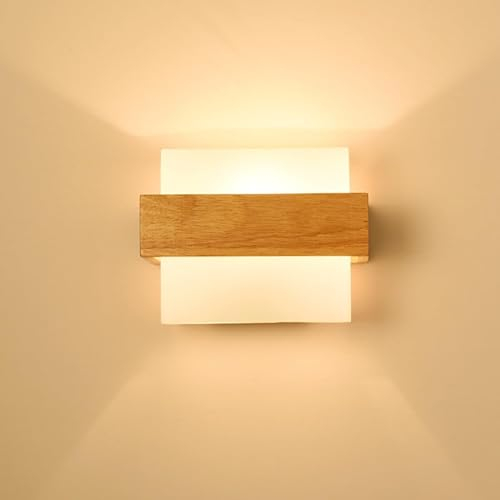 Comely LED Wall Lights Indoor, Creative Square Wooden Wall Lamp, Modern Glass Wall Light Sconce for Bedroom Living Room Hallway Dining Room Stairs, E27 Base