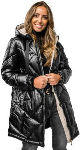 BOLF Mujer Chaqueta acolchada de Invierno Larga con Capucha Abrigo Cierre de Cremallera Jacket Cazadora Deporte Ocio Estilo Estilo Casual 5M3189 Negro L [D4D]