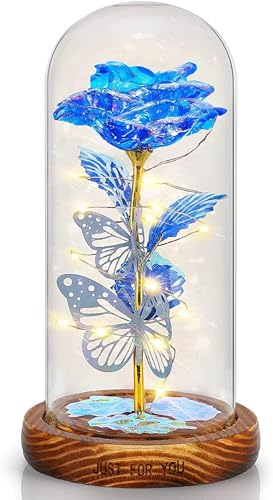 ZAJCI Rosa eterna sotto campana regalo donna con luci LED – San Valentino rosa eterno con fiori luminosi per lei, festa della mamma, matrimonio, Natale, compleanno (blu)