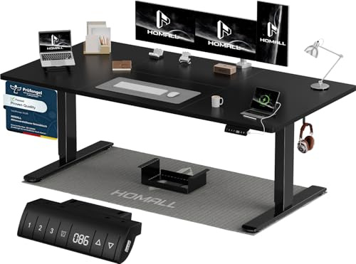 Homall Höhenverstellbarer Schreibtisch 180x80cm mit USB-A Ladeanschluss, Elektrischer Schreibtisch mit Kabel Management Tray, Standing Desk mit 3 Memory Funktion, Computertisch Schwarz