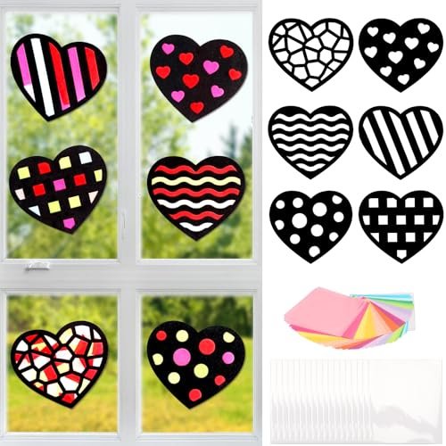 MONCAP 18pcs Valentine Heart Paper Craft Kit for Kids Heart Stained Effect Paper Suncatchers Valentine's Day Stained Glass Suncatcher Craft with Heart Pattern for Valentine Party School Classroom