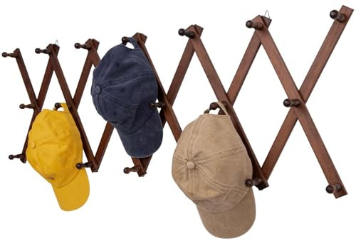 SCUNDA Accordion Wall Hanger with 20 Hooks, Expandable Wall Hat Display Rack, Wooden Wall Hook for Coat, Hats, Baseball Caps, Coffee Mug, Jewelry(Brown)