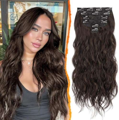 BARSDAR Clip in Haarverlängerung, 50CM Lang Wellig Braun Haarextension Clip in 6PCs Voller Kopf Dickes Synthetisches Extensions Haarteil Für Damen (Dunkel Braun)