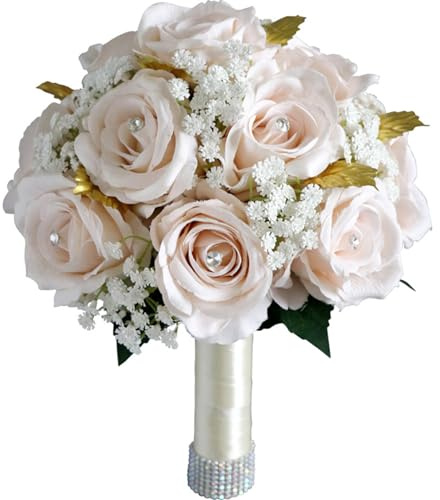 Fouriding Hochzeit Braut Blumenstrauß,Künstliche Hand Blumen Rosen Brautstrauß Brautjungfer für Zeremonie Jahrestag Partei Braut Dusche Dekoration Hochzeit Sträuße (Champagner)