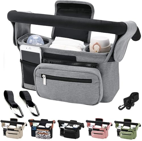 Tyuodna Kinderwagen Organizer Universal,Buggy Tasche mit 2 Isolierten Getränkehaltern, Große Kapazität & Abnehmbarer Schultergurt, Rutschfeste Haken für Kinderwagen/Buggy (Grau)
