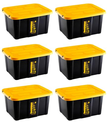 Acan Tradineur - Pack de 6 Cajas de almacenaje apilable con Tapa, plástico, cajón Multiusos, ordenación, Herramientas, hogar, Fabricada en España (30 litros - Amarillo/Negro - 48 x 35 x 25,5 cm)