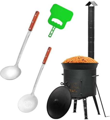 Ø44 Uchag 2mm stahl mit Abzugsrohr Utschak Feuerstelle Utschag Campingofen 22L Kazan WOK Kasan (Runder boden) Feldküche Außenküche Eintopfofen mit Schaumkelle Suppenkelle Grillfächer