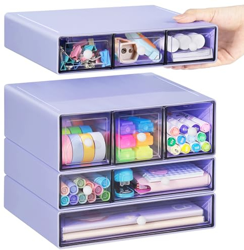 Desk Aufbewahrungsbox mit 9 Schubladen, ToyaJeco 4 Lagen Stapelbare Desktop Craft Storage-Schubladen, Klare Aufbewahrungsbox Caddy für Schreibwaren Make-up Schmuck Büro Craft Supplies (Lila)