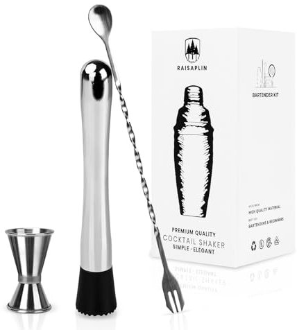 3 Pcs Cocktail Set Mixing Tools for Drinks, Raisaplin Stainless Steel Mixologist Mini Home Bar Bartender Tool Set - Extra Long Drink Muddler, Cocktail Spoon, Measuring Jigger - Silver