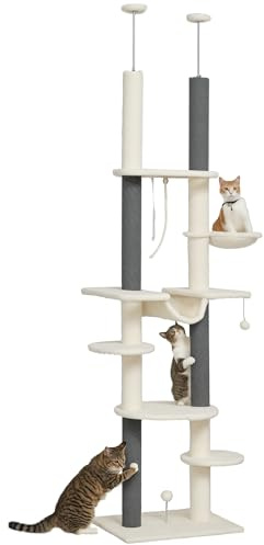 PawHut Kratzbaum Deckenhoch 225-255 cm Höhenverstellbar Katzenturm Weiß | 7 Ebenen, Korb Plattformen, Hängematte, 3 Kratzsäulen, Spielball, Katzenkratzbaum für Mittelgroße Katzen