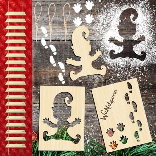DADAPANGHU Wichtel Zubehör Weihnachten, Wichtelschablone Fußabdrücke, Wichtel Schablone Fenster, Wichtel-Strickleiter, Wichteltür Zubehör Holz Wichtelzubehör, Wichtelhaus Weihnachtsdekoration