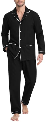 MoFiz Pijamas Largo Hombre Invierno Algodón Conjunto de Pijama con Botones a Cuadros Suave Ropa de Dormir Manga Larga Camisetas de Pijama y Pantalones Bolsillos Noir US 3XL/ EU 4XL