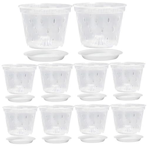 Macetas de orquídeas de 6.7 pulgadas 10 conjuntos de plástico transparente maceta de orquídeas con agujeros y platillos transpirables macetas transparentes de plantas transparentes para orquídeas, su