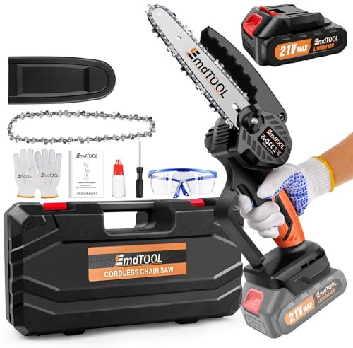 Cordless Chainsaw, 21V Portable 6-inch Mini Chain Saw with 3000mAh Battery, Powerful Electric Saw 5300rpm, Safety Lock, for Cutting Wood & Trimming, Gardens (with 2 Chains)