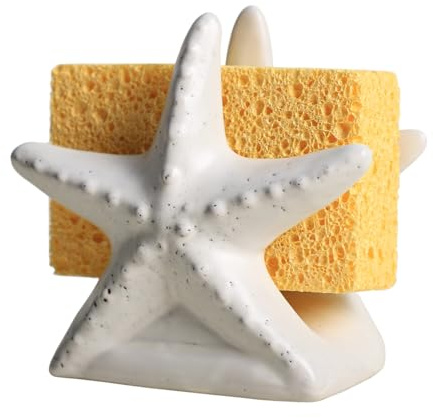 Bicuzat Ceramic White Starfish Sponge Holder for Kitchen Sink, Compact Sink Caddy Organizer, Scouring Pad and Dish Sponge Holder