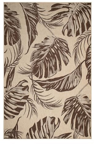 oKu-Tex In- & Outdoor Teppich UV-resistenter Teppich für draußen und drinnen Floral Monstera Muster Balkon, Veranda, Küche, Bad Sisaloptik beige braun, 120 x 170 cm