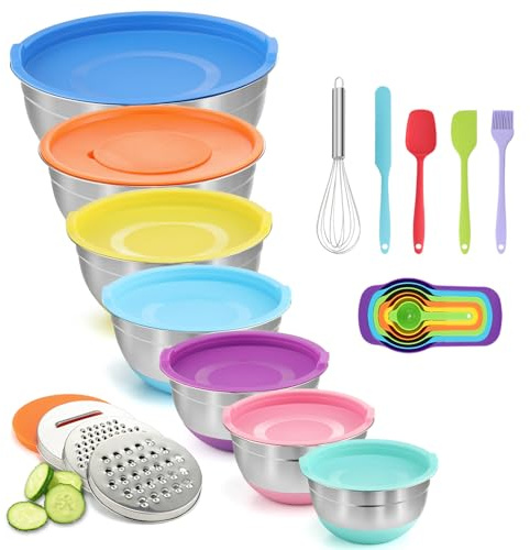 BEWOS Bol para Mezclar con Tapa de 7 piezas, Bol de Acero Inoxidable con Rallador, Diseño anidado y Colorida Base Antideslizante, Tamaños 4.5, 4, 3.5, 2.1, 1.5, 1.1, 0.7 Qt para Mezclar y Servir