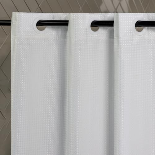 23 THREADS Fabric Shower Curtain for Bathroom, Water Resistant, Made from Sustainable Yarns, White, No Hook Needed, Waffle Weave
