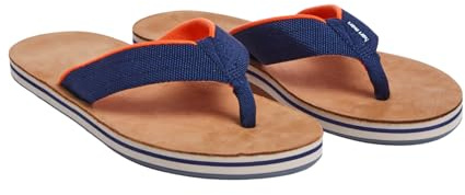 Hari Mari- Scouts- Men’s Nubuck Leather Flip Flops With Nylon Webbing Strap- No Break Ins, Firm Arch Support, and Beveled Edge to Reduce Tripping, Navy/Orange, 10.5 UK