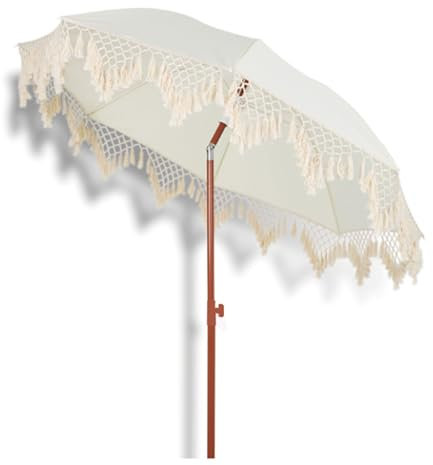 LYMGRZ Ombrellone da Giardino da 2 Metri con inclinazione, palo in Acciaio Effetto Legno, Protezione Solare UPF 50+, ombrellone da Spiaggia con Nappe, per Patio Esterno