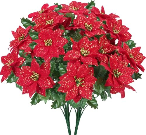FALSKT 2PCS Poinsettia Noel Artificiel Rouge Fleurs de Poinsettia Fleurs Artificielles Noël Décoration avec des Paillettes d'or pour Noël, Maison et Décorations de Fête 48cm(9 Capitules par Bouquet)